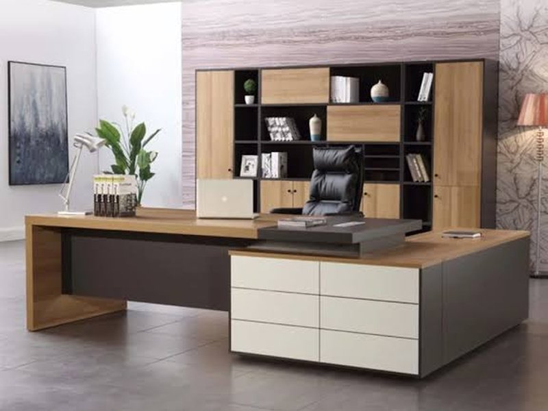 Executive L-shaped desk with matching wall storage unit